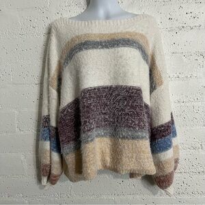 Venus Womens Sweater 1X Cream Striped Fuzzy Knit Boatneck Puff Sleeve BS18